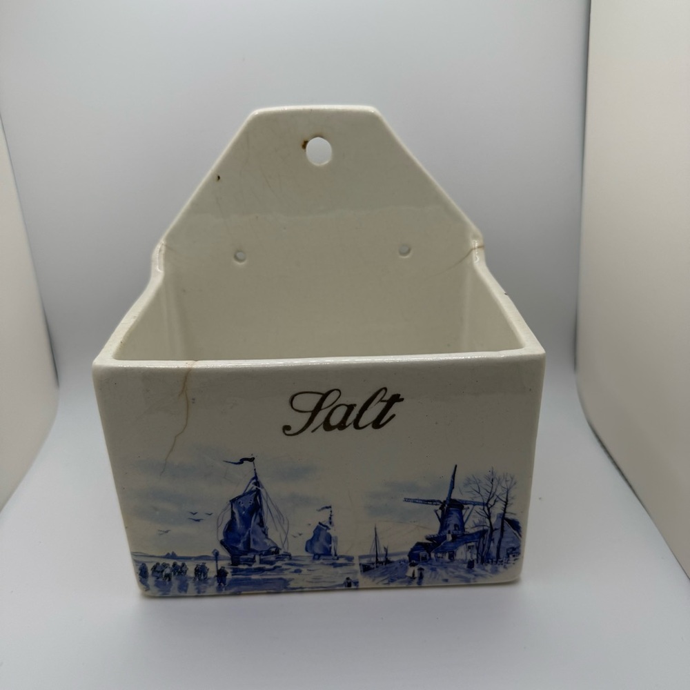 Antique old hanging Ceramic Salt cellar with Blue Accents no lid